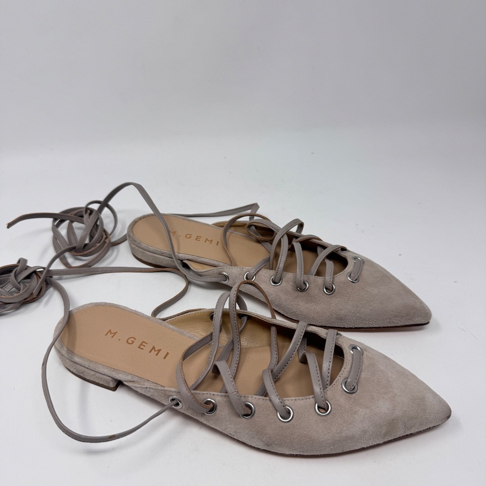 M. Gemi Gray Suede Pointed Toe Lace Up Flats with Silver Grommets Size 36.5